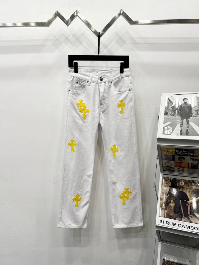 款号： K610 Chrome Hearts & 克罗心 高端克罗心白色黄皮十字拼皮牛仔裤 潮流大叔同款 原版五金辅料水洗等吊卡，二维码解析均为采购原厂，还原度