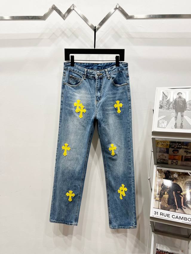 款号: K1170 Chrome Hearts & 克罗心 高端克罗心蓝色黄皮十字拼皮牛仔裤 潮流大叔同款 原版五金辅料水洗等吊卡，二维码解析均为采购原厂，还原