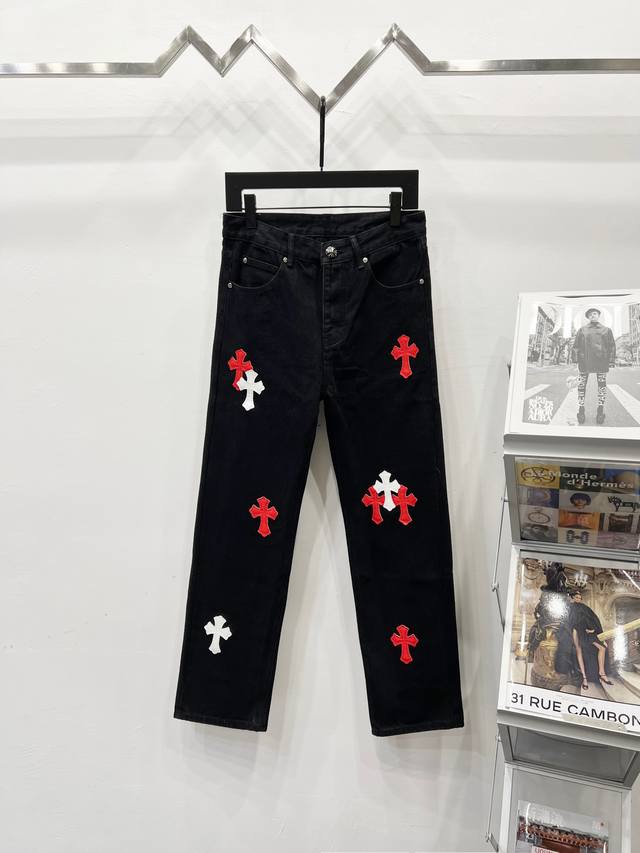 款号: K750 款号： K550 Chrome Hearts & 克罗心 Ch城市限定系列 梵文十字贴布拼皮牛仔裤 均需要成品水洗后再拆开手工订绵羊皮十字皮再