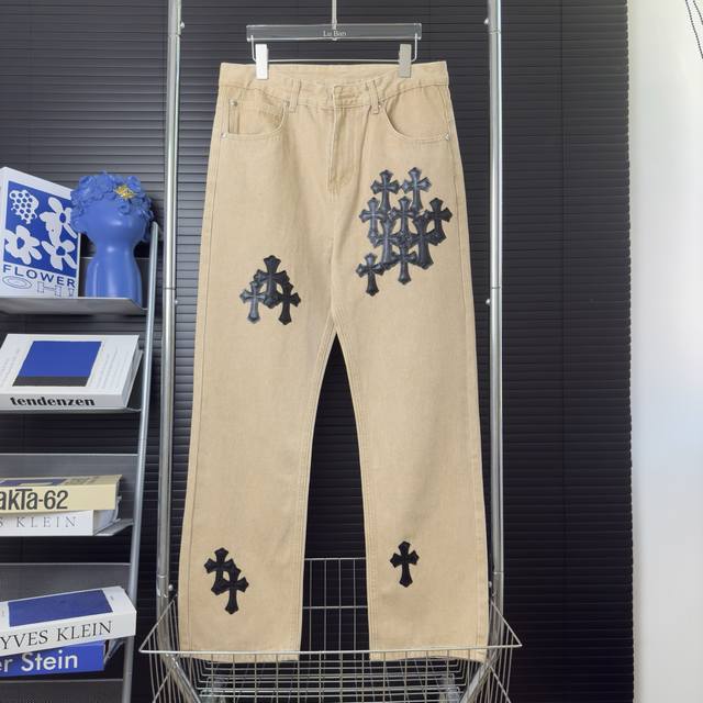 512 当天到货 现货现配 Ch克罗心Chromehearts25Ss 迈阿密限定黑色十字架贴皮卡其色牛仔裤 最高版本 原版购入打版、真实还原Vintage极致