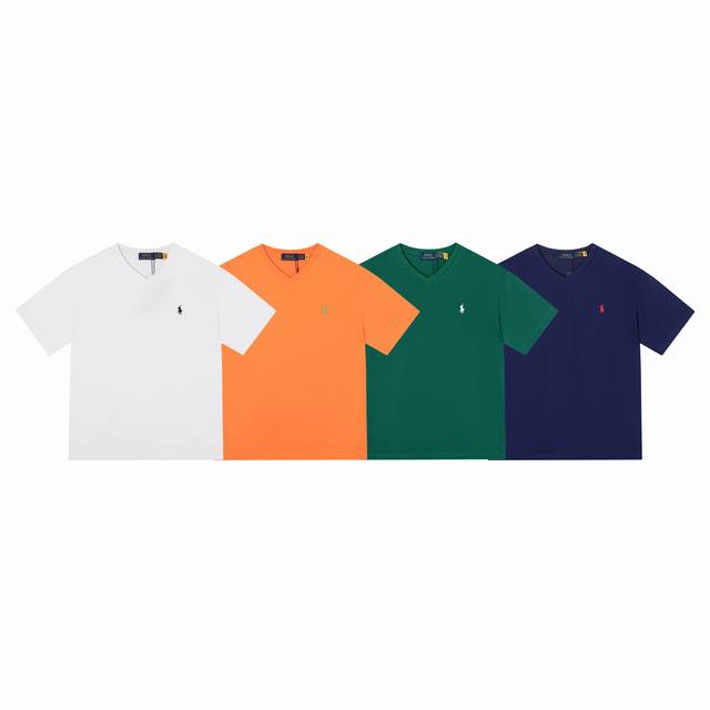 款号：512 Ralph Lauren 拉夫劳伦2025夏季新配色纯棉240克田岛刺绣V领T恤 颈部主标Logo有二维码标，可以扫码验证，采用日本进口机器田岛绣