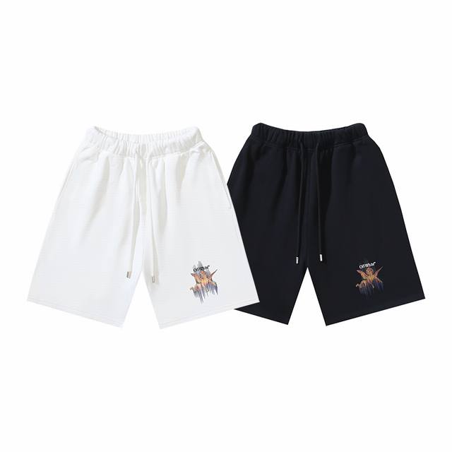 1175# Off-White磨毛纯棉毛圈450G重磅小天使印花短裤 黑色 白色 S M L Xl