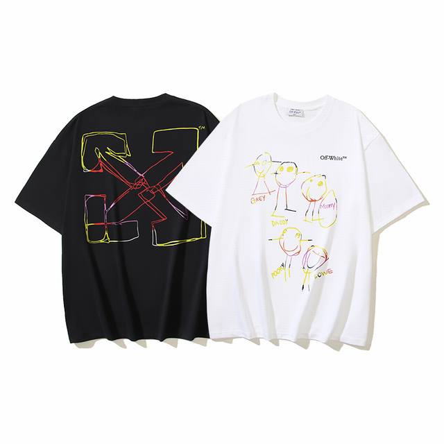 1180# Off-White纯棉260G重磅炫彩绘画卡通人短袖T恤 黑色 白色 S M L Xl
