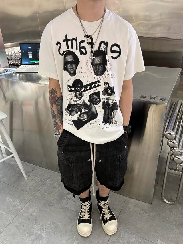 Erd忧郁的富二代复古胖小孩人像印花Fat Kid做旧象牙白短袖T恤 款号：022-203 码数：1码 2码 3码 颜色：米白色 复古潮流新品 纯棉260克重磅