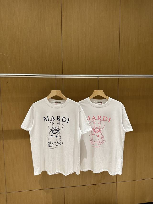 Mardimercredi正脸珍珠小狗短袖T恤上衣女全棉宽松腊肠狗线条新款 款号：J05 颜色：白色黑狗 白色粉狗 码数：均码 260G高克重版本 原标原包装