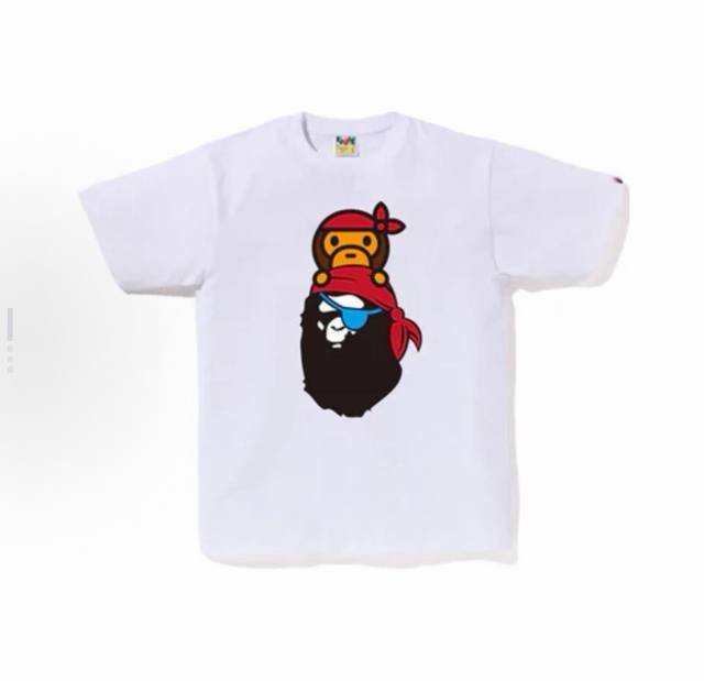 001166款A Bathing Ape 圆领印花短袖合身套头T恤 男女同款 码数Smlxlxxl 黑色白色