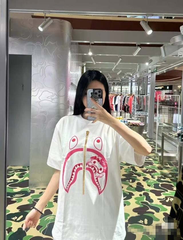 001158款Baoe鲨鱼头猿人头印花短袖T恤 男女同款 码数Smlxlxxl 黑粉，白粉，黑蓝，白蓝，黑绿，白绿