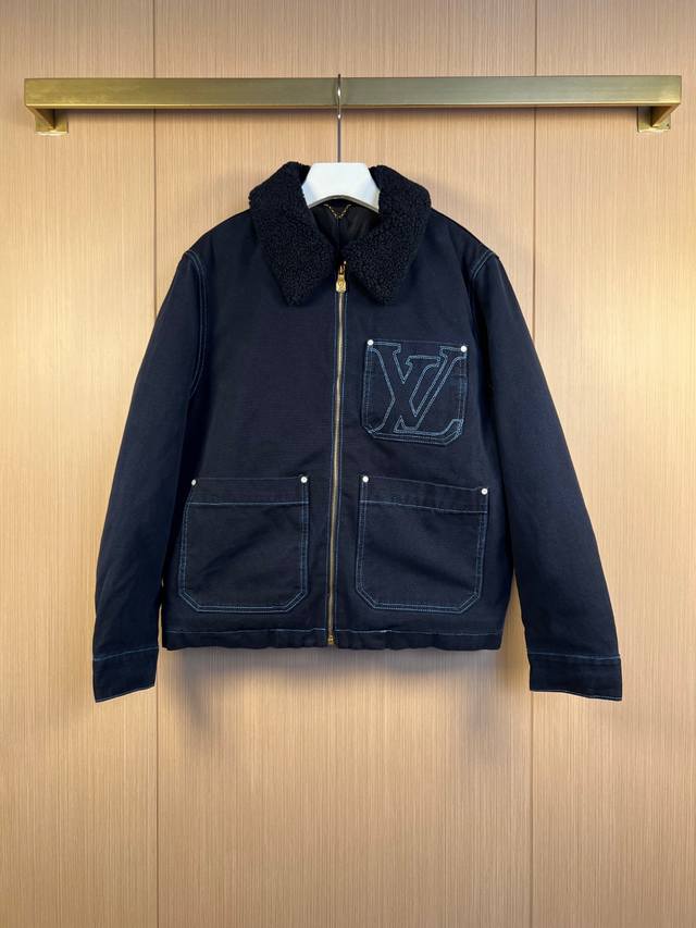Lv 25Ss 口袋Logo毛领牛仔棉服 尺寸：46-48-50-52