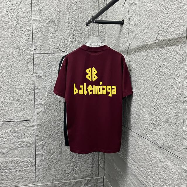 Bal*巴黎*2025春夏季新款 雪花做旧洗水复古圆领短袖 胸前Logo 双B字母前后印花 定制面料 短袖T恤 男女同款 颜色：安哥拉红 雪花黑 雪花蓝 雪花粉