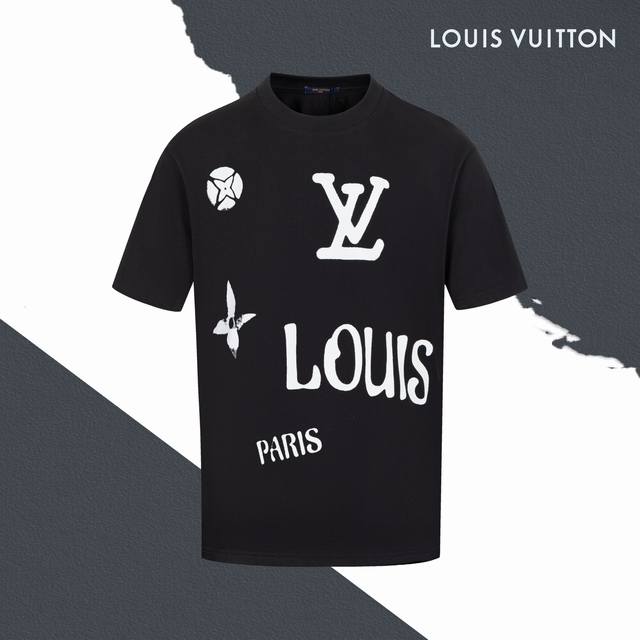 款号Sl206 Lv路易威登字母老花Logo涂鸦印花圆领短袖 情侣同款 全套包装 三标齐全 区别市场通货 随意对比 纯棉280克高克重32支双纱 不起球 不褪色