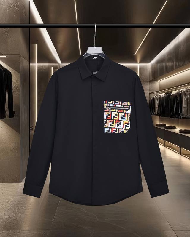 Fendi 芬迪 爆款来袭 胸前彩色弹幕贴布Ff字母Logo长袖衬衫 2025Ss官网新款长袖 衬衫 衬衣 高端版本，专柜定制面料 透气舒适度高，精工制作，细节