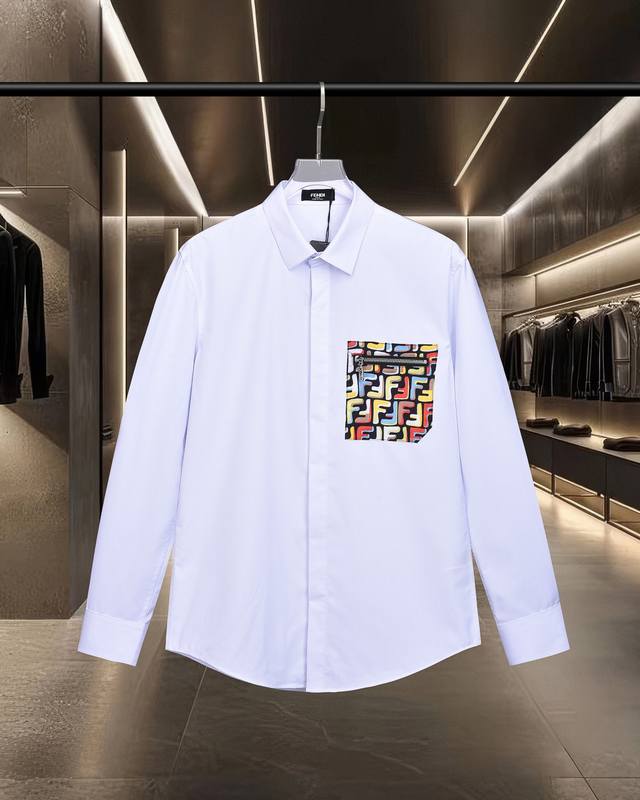 Fendi 芬迪 爆款来袭 胸前彩色弹幕贴布Ff字母Logo长袖衬衫 2025Ss官网新款长袖 衬衫 衬衣 高端版本，专柜定制面料 透气舒适度高，精工制作，细节