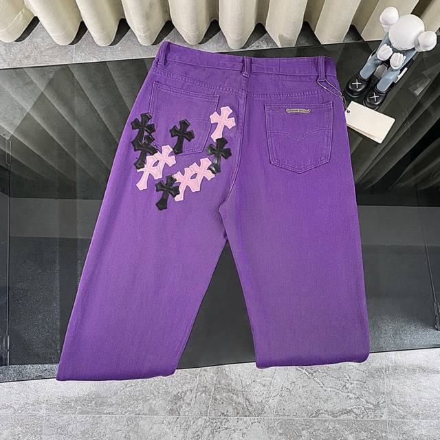 Ch克罗心Chromehearts 2025新款限定黑粉十字架拼皮情侣款水洗宽松紫色牛仔裤 顶级天花板品质 不同水洗质感的款式，对腿细腿粗人士十分友好，直筒宽松