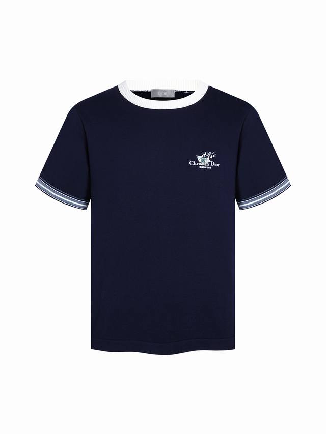 Dior 25Ss 铃兰花刺绣 撞色圆领棉质短袖 颜色 宝蓝色 现货 S M L Xl