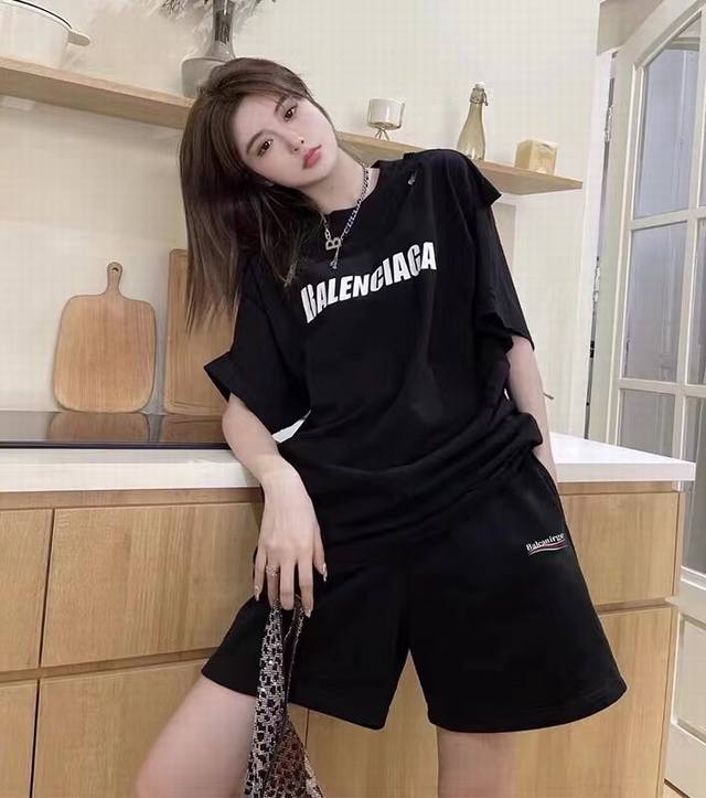 纯棉短裤 Balenciaga 巴黎世家可乐短裤波浪印花字母Logo男女休闲毛圈短裤 专柜经典款网红上身同款 平台订单，跑量福利安排！高版本！ 裤腿经典可乐小标
