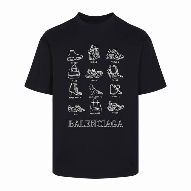 Balenciaga 巴黎世家 鞋包多Logo短袖T恤 这款由大师精心打造的巴黎世家多Logo短袖T恤，融合了260克双纱纯棉的奢华质感与直喷印花环保胶浆的创新