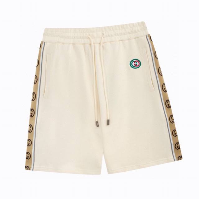 古驰 Gucci 夏季新款 侧边字母织带反光条休闲短裤 定制纯棉面料 超级质感柔软透气 时尚男女同款 Color: 黑色 杏色 Size:Xs S M L