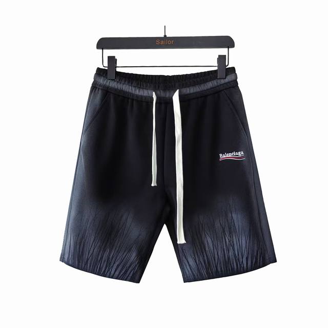 实拍细节图+细节图 Balenciaga 巴黎世家 海浪刺绣绘涂鸦喷墨纹路短裤 刺绣小字母Logo 男女日常通勤穿搭必备 休闲短裤 定制毛圈面料 进口田岛机刺绣