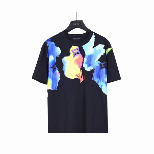 实拍细节图+尺码表 Louis Vuitton 路易威登 水彩涂鸦艺术印花短袖 大Logo标识精致升级，灵感源自八十年代复古 原版面料 官方同款 短袖T恤 同缸