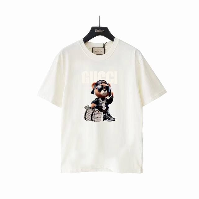 实拍细节图 +尺码表 Gucci 古驰 金钱大佬社会熊字母印花 Logo标识精致升级，灵感源自八十年代复古 原版面料 官方同款 短袖T恤 定制260 克同缸染面