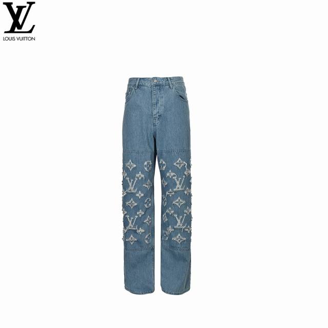 Louis Vuitton 路易威登 24Fw 老花水洗破洞牛仔裤 定制纯棉牛仔料，利用激光技术进行花纹刻划工艺，洗水轻炒双工艺，烂边吊烂技术，通过物理磨损在边
