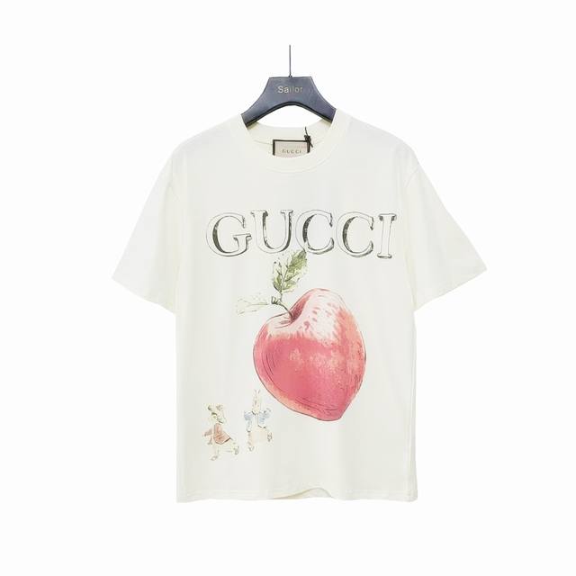 实拍细节图+尺码表 Gucci 古驰 彼得兔系列苹果小兔印花短袖 专柜同款圆领短袖T～代表性品牌印花字母设计～定制棉质面料～ 厚板立体！衣服偏厚使整体高透气和柔