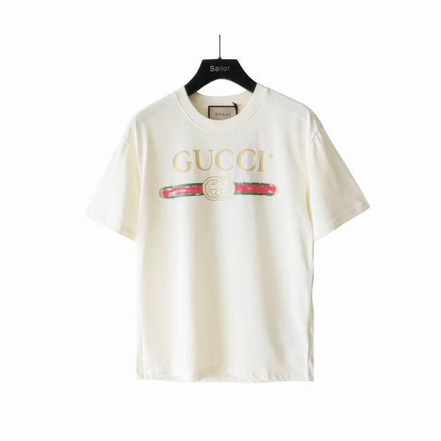 实拍细节图+尺码表 Gucci 古驰 做旧腰带Logo圆领短袖T桖 Logo标识精致升级，灵感源自八十年代复古 原版面料 官方同款 短袖T恤 定制240克同缸染