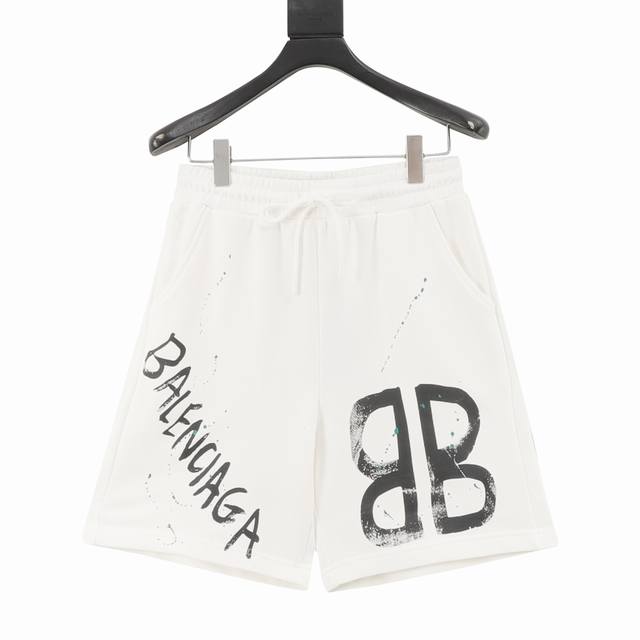 Balenciaga 巴黎世家 25Ss 双B字母印花短裤 面料采用380G纯棉毛圈面料，订染颜色后整蚀毛处理，对照原版做丝滑超柔处理，布面肌理股线清晰明显，垂