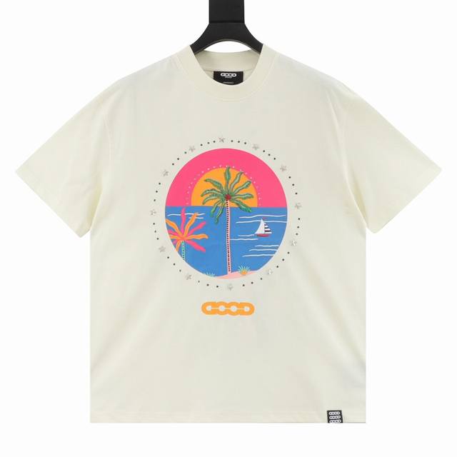 Goodbrand Ss25 椰树烫钻印花Logo短袖T恤 男女同款 350克重面料 颜色：黑色 白色 尺码：S-Xl