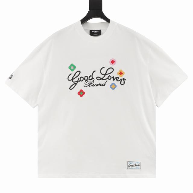 Goodbrand 立体小花刺绣标语轻奢时尚高级感短袖T恤 男女同款 350克重面料 颜色：黑色 白色 尺码：S-Xl