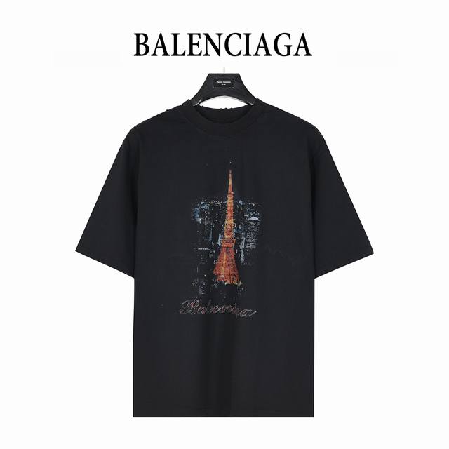 Balenciaga 巴黎世家 东京铁塔数码直喷破洞短袖T恤 前后片直喷印花磨烂水洗重磅300克做旧短袖T恤 天花板品质 正确300G定织定染纯棉双纱面料 定染