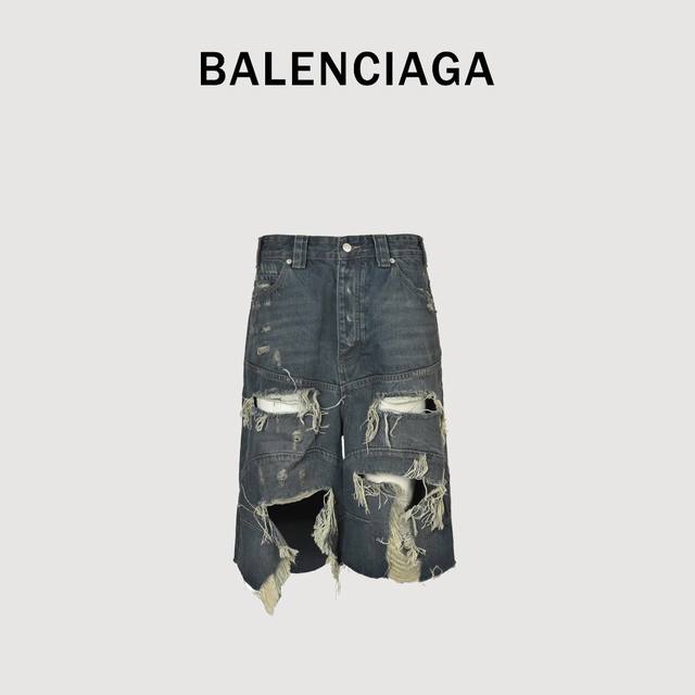 Balenciaga巴黎世家 Baggy Ss25 High Summer 做旧磨损牛仔短裤 官网原版新款夏季系列 做旧涂料脏脏工艺.磨损破洞宽松版型牛仔短裤