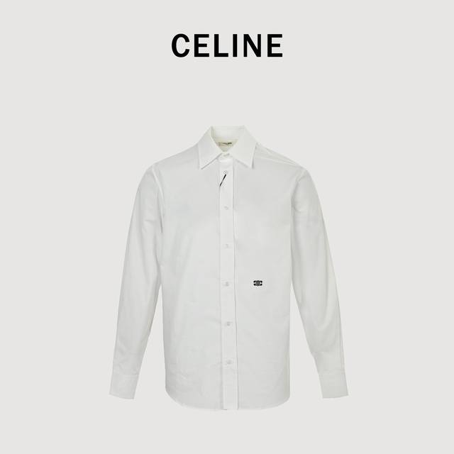 Celine赛琳Ce 下摆凯旋门小标刺绣长袖衬衫 通过高支棉纱经密高，纬密低的织造工艺制成轻薄且具有极佳透气性的面料。前片的单色平绣通过电脑绣花机高精度的计算系