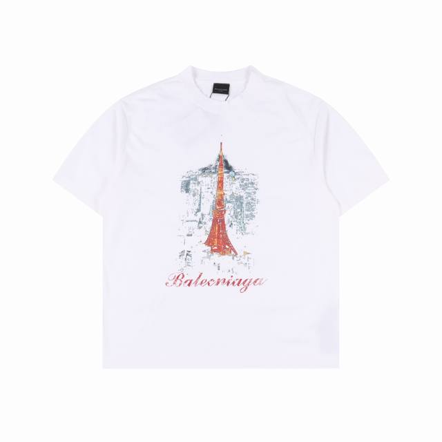 Balenciaga 巴黎世家 东京铁塔数码直喷破洞短袖T恤 前后片直喷印花磨烂水洗重磅300克做旧短袖T恤 天花板品质 正确300G定织定染纯棉双纱面料 定染