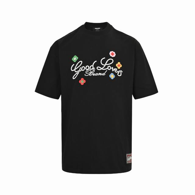 Goodbrand 立体小花刺绣标语轻奢时尚高级感短袖 男女同款 350克重面料 颜色：黑色 白色 Size:S-Xl