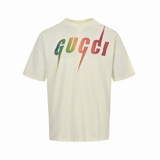 Gucci 古驰 23Ss 渐变闪电字母印花短袖 高品质 Guc 新款彩虹渐变T恤，定制定染高克重原版面料，双纱纯棉面料，1-1工艺制作，宽松Oversize版