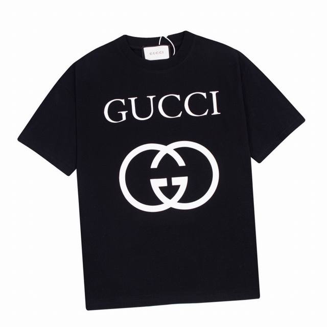 古驰 Gucci 夏季新款 经典双G互扣字母印花圆领短袖T恤，男女日常通勤穿搭必备单品，440支定制260克双股丝光棉处理，手感非常舒服 ，时尚又个性 ，超级百