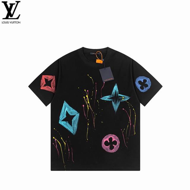 Louis Vuitton 路易威登 涂鸦油漆泼墨印花短袖 面料采用320G %纯棉双纱面料 同缸定染特种加粗32支双股1X1螺纹克纯棉面料，保证舒适性同时透气