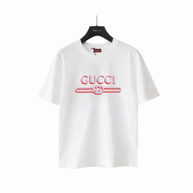 实拍细节图+尺码表 Gucci古驰 粉色条纹Logo印花圆领短袖 无感印花 早春系列高克重短袖 选用客供定制针织100%纯棉面打造,面料手感细腻，厚实有质感的纯