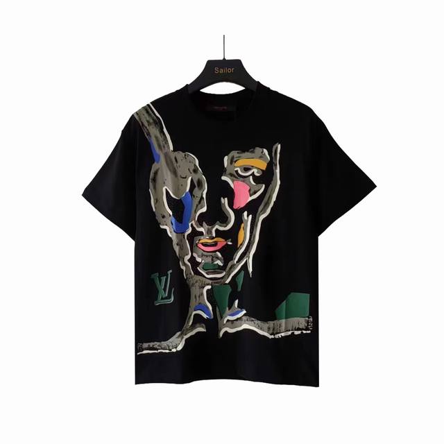 实拍细节图+尺码表 Louis Vuitton 路易登威 手绘人脸Logo涂鸦短袖T恤 年春夏新款 重工印花 原版进口定制260克纯棉 高密度螺纹同缸染面料已洗