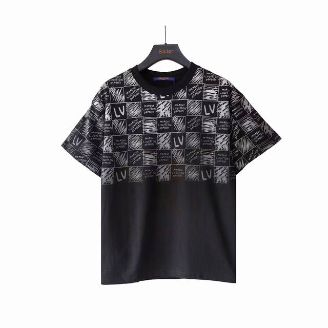 实拍细节图+尺码表 Louis Vuitton 路易威登 棋盘格字母Logo短袖 定制皮章 男女必备 短袖T恤 定制320克100％双纱纯棉面料 定染32支双股