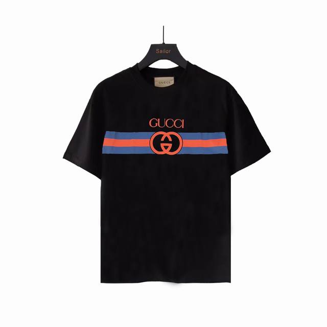 实拍细节图+尺码表 Gucci 古驰 蓝红条纹双Glogo印花短袖 专柜同款圆领短袖T～代表性品牌印花字母设计～定制棉质面料～ 厚板立体！衣服偏厚使整体高透气和