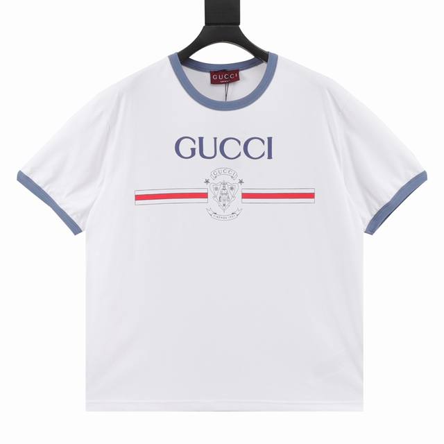 Gucci 古驰 新款拼色印花圆领T恤 定制高克重 针织棉面料精心制作，手感特别的扎实，质感拉满，松软细腻上身舒适，优越的吸湿排汗性能，不闷热！胸前草写Logo