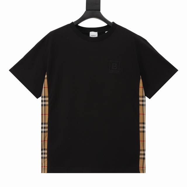 Burberry 巴宝莉 胸前B标刺绣格纹拼接短袖 定制Bbr专用190G全棉60支双股布料，前幅标识图案40000针，为进口田岛机刺绣，字体越小越体现绣花工艺