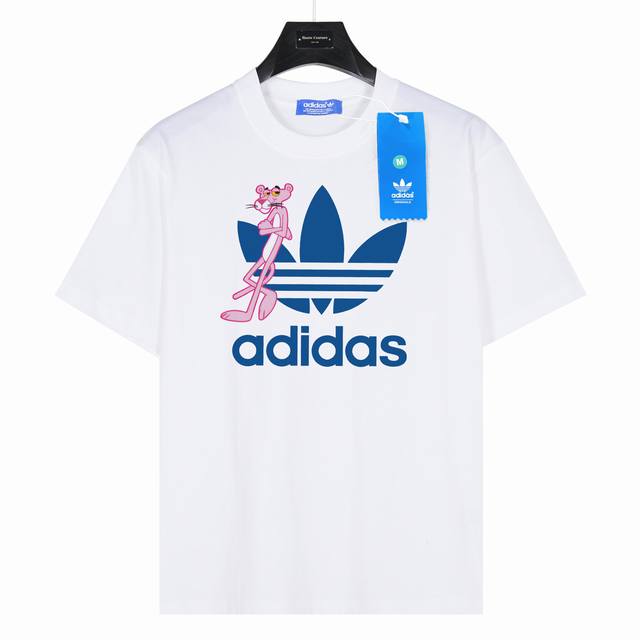 Adidas 阿迪达斯 粉红豹 款号:Ad02 白色 240克重磅小落肩100%棉T恤。Os版型，宽松有型好搭配。采用精梳紧密赛络工艺，面料更耐磨。袖口以及下摆