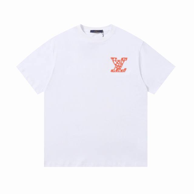 上新 高版本 顶级最高版本 Louis Vuitton 路易威登 橙标刺绣圆领短袖 男女同款 情侣款 宽松版型 最高版本 原版面料 高版本 高品质 所有细节 面