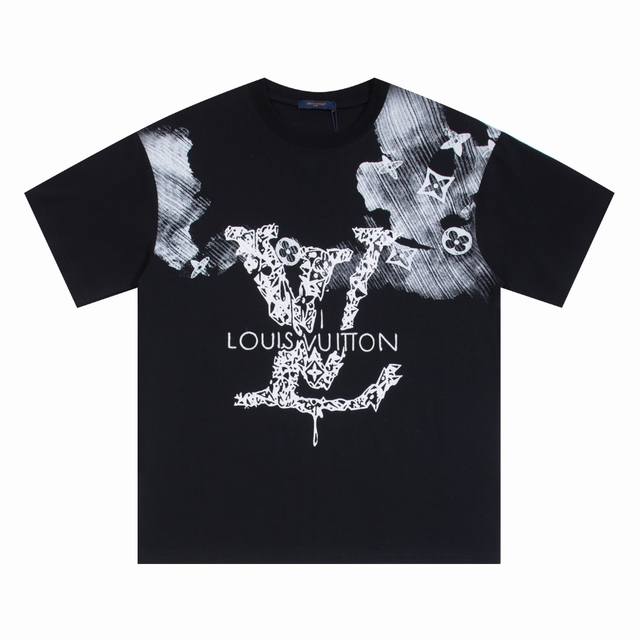 上新 高版本 Louis Vuitton路易威登泼墨拉浆刺绣字母短袖 最高版本！定制面料 克100%双纱棉！驴家拉浆印花字母绣花结合！ 辅料：开模原版过鉴定领标