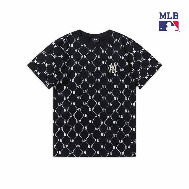 上新 高版本 Mlb老花钻石纹满印刺绣短袖 依旧是嫉妒冷感 高货只存在少数人手中 夏季新款Mlb短袖T恤透气男女情侣 黑色为纽约洋基队，后背 拔染 前片75D