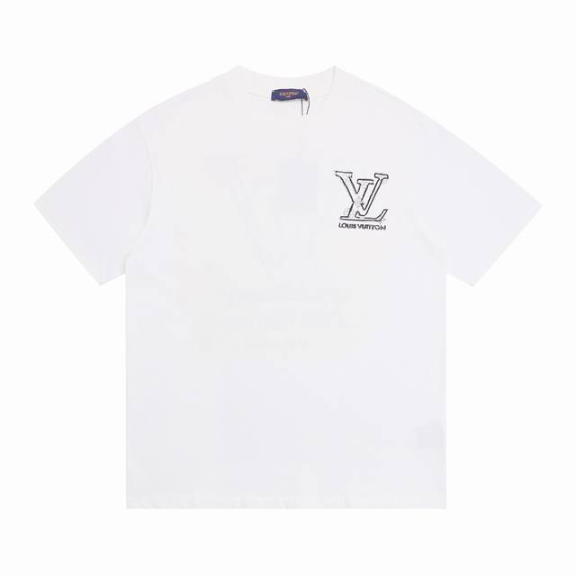 上新 高版本 Louis Vuitton路易威登 刺绣线条字母短袖T恤 最高版本！定制面料 克100%双纱棉！万针刺绣工艺设计！ 辅料：开模原版过鉴定领标100