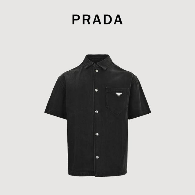 Prada普拉达Prd 三角标口袋牛仔短袖衬衫 正品20109购入，定染叙纹10*10牛仔面料，人工马骝，成衣炒色，定制1：1三角标，定制1：1四合扣，定制1：